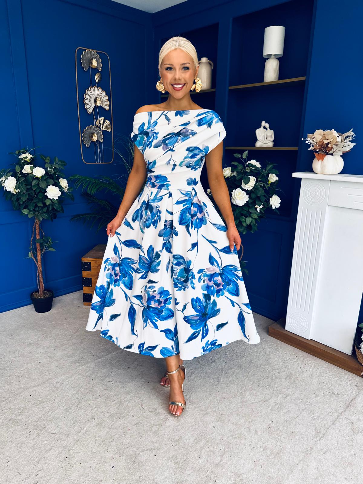 Breffy Asymmetric Neckline Skater Midi Floral Blue