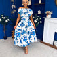 Breffy Asymmetric Neckline Skater Midi Floral Blue