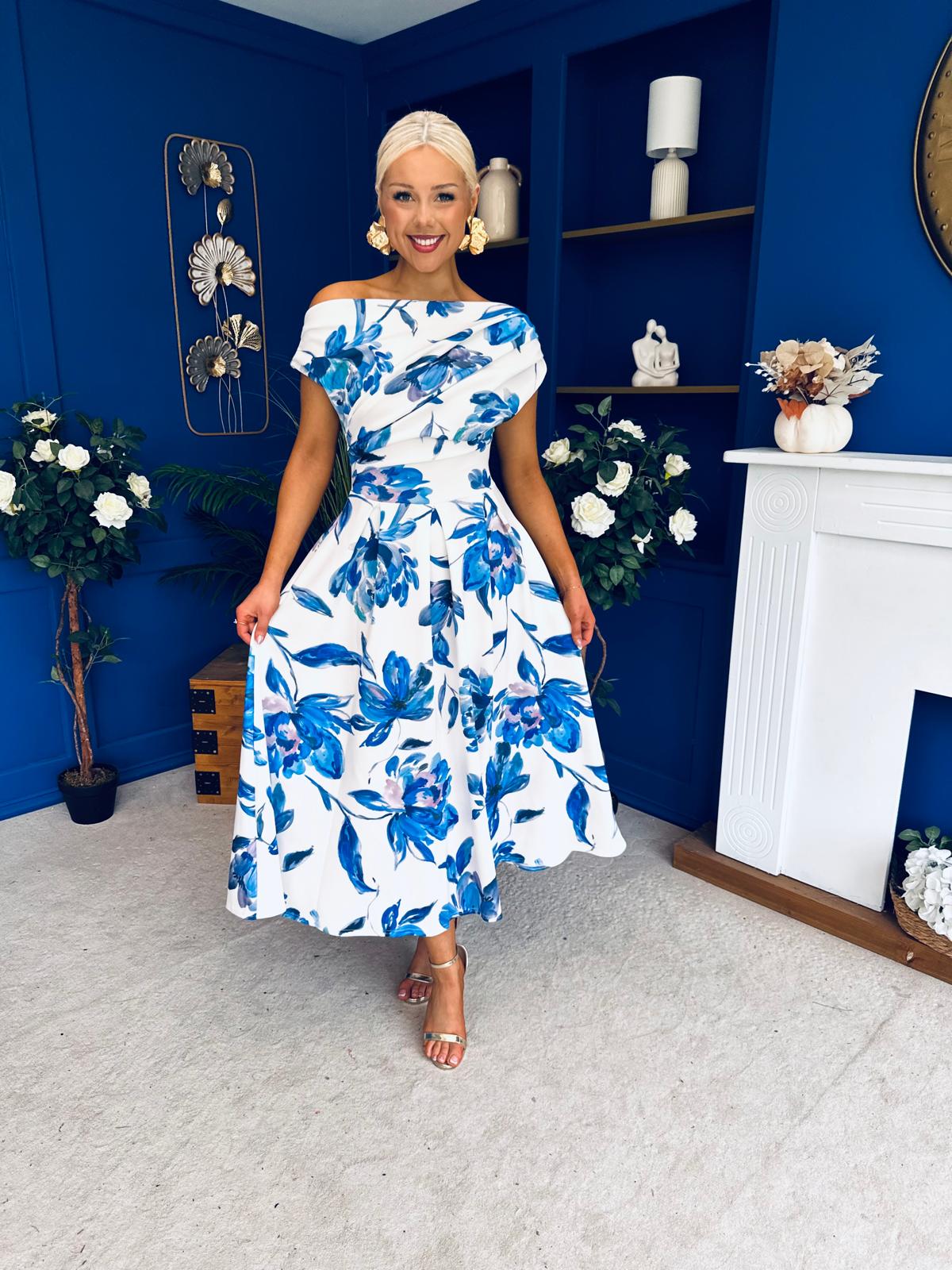 Breffy Asymmetric Neckline Skater Midi Floral Blue
