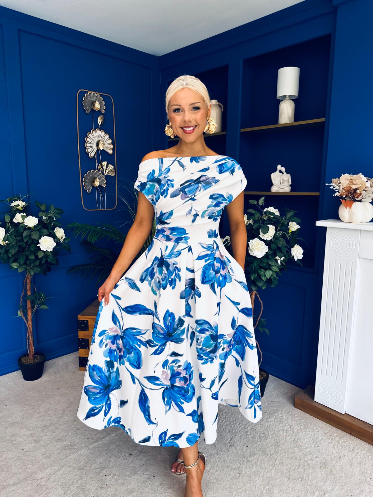 Breffy Asymmetric Neckline Skater Midi Floral Blue