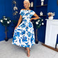 Breffy Asymmetric Neckline Skater Midi Floral Blue