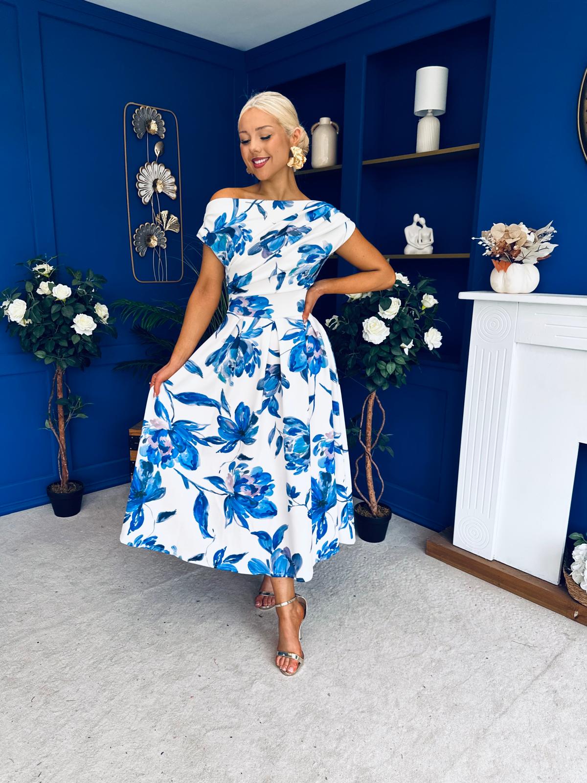 Breffy Asymmetric Neckline Skater Midi Floral Blue
