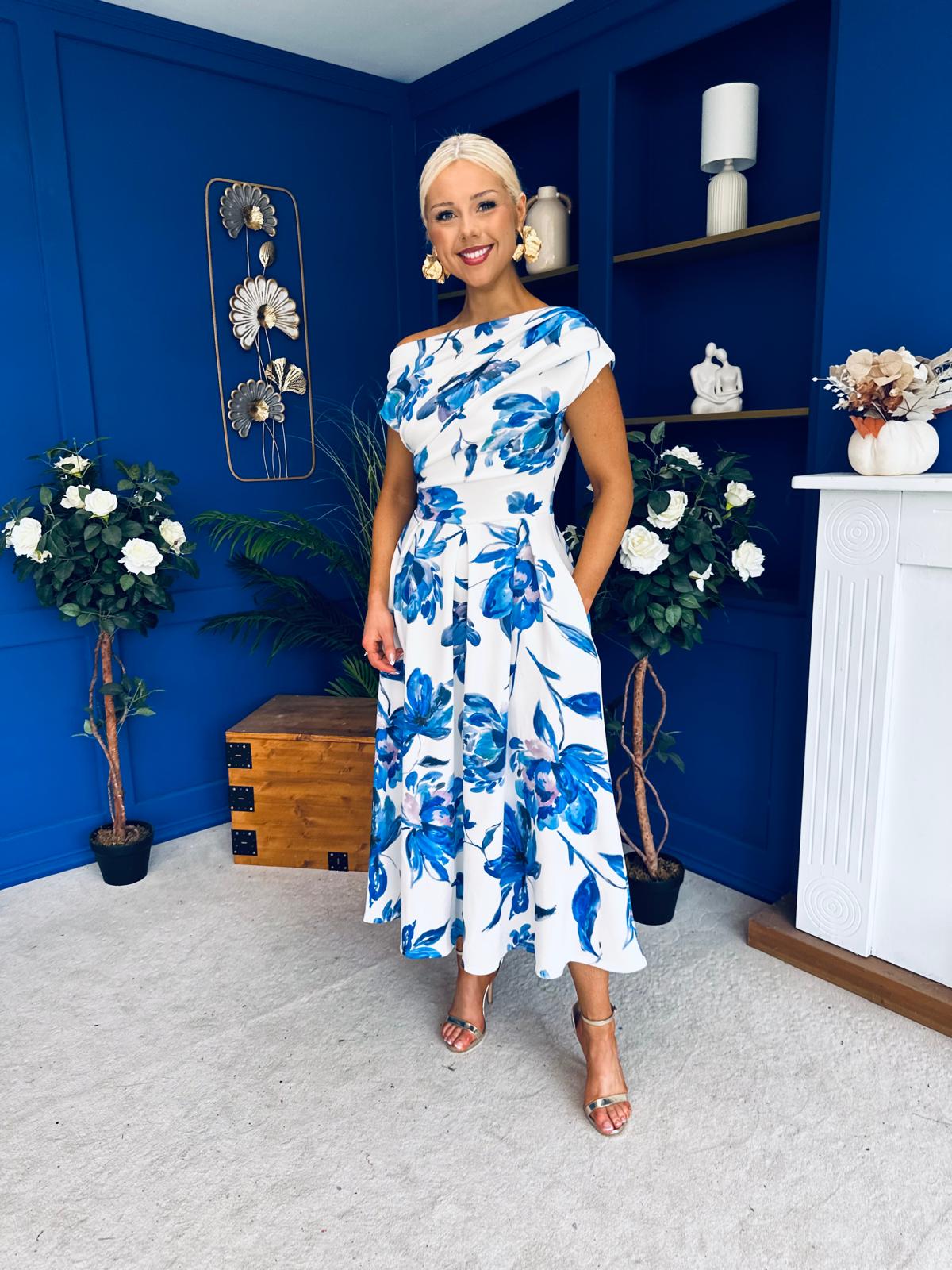 Breffy Asymmetric Neckline Skater Midi Floral Blue