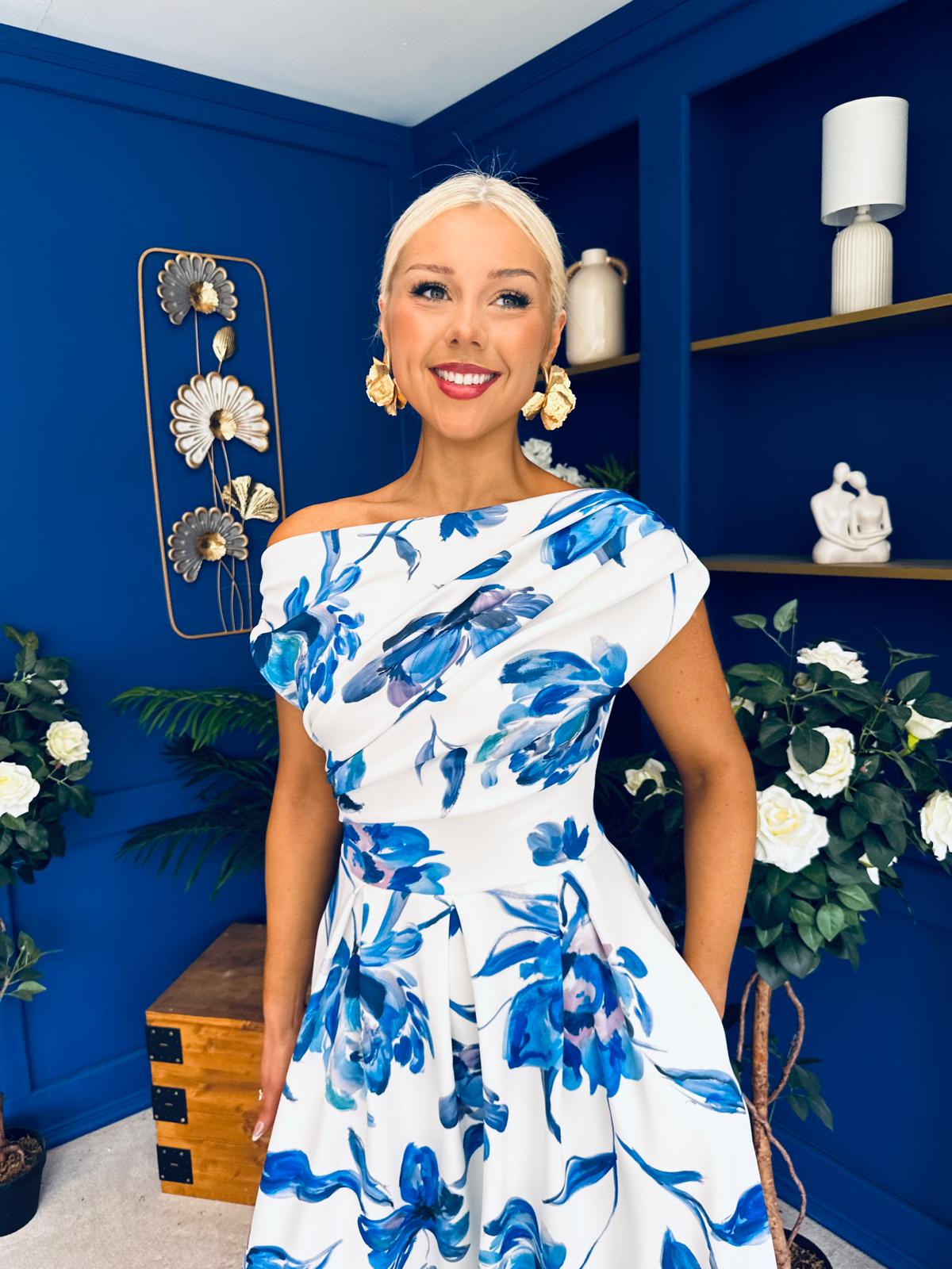Breffy Asymmetric Neckline Skater Midi Floral Blue