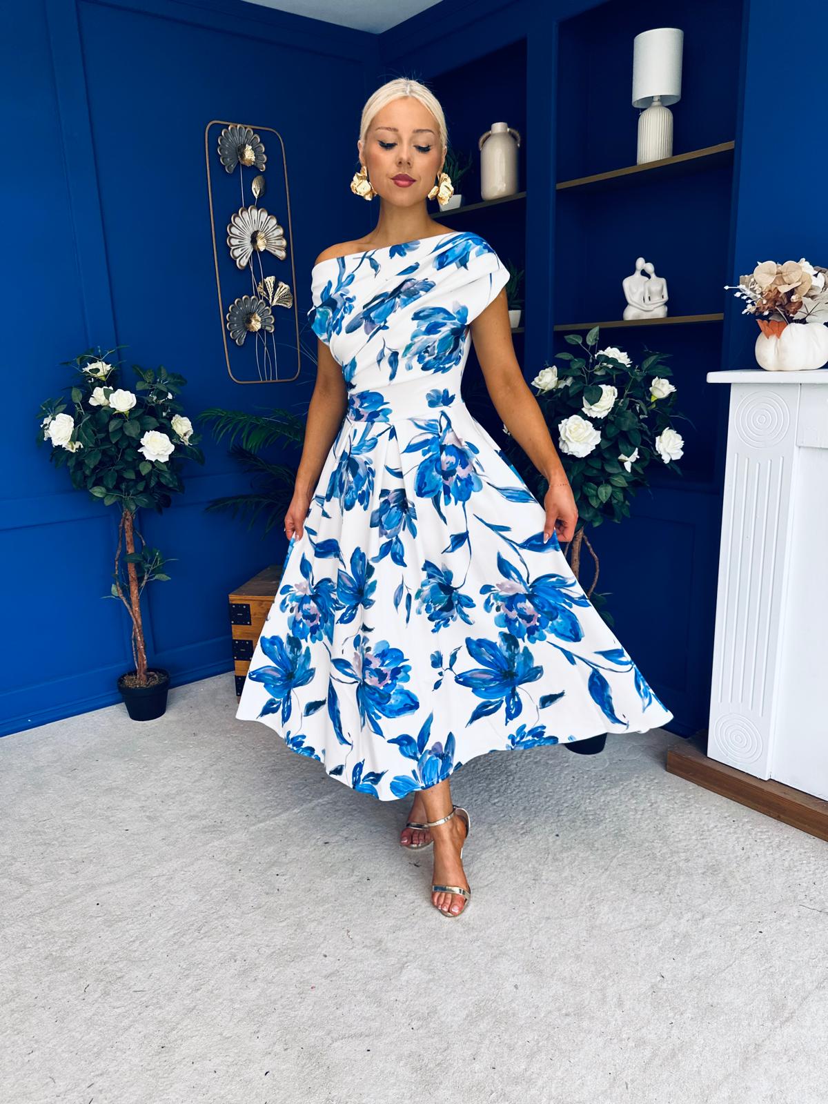 Breffy Asymmetric Neckline Skater Midi Floral Blue