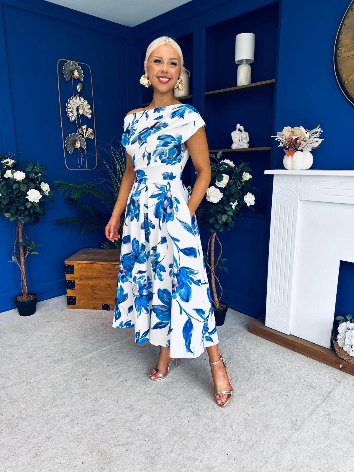 Breffy Asymmetric Neckline Skater Midi Floral Blue
