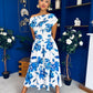 Breffy Asymmetric Neckline Skater Midi Floral Blue