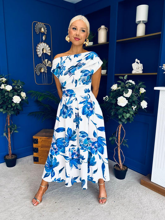 Breffy Asymmetric Neckline Skater Midi Floral Blue
