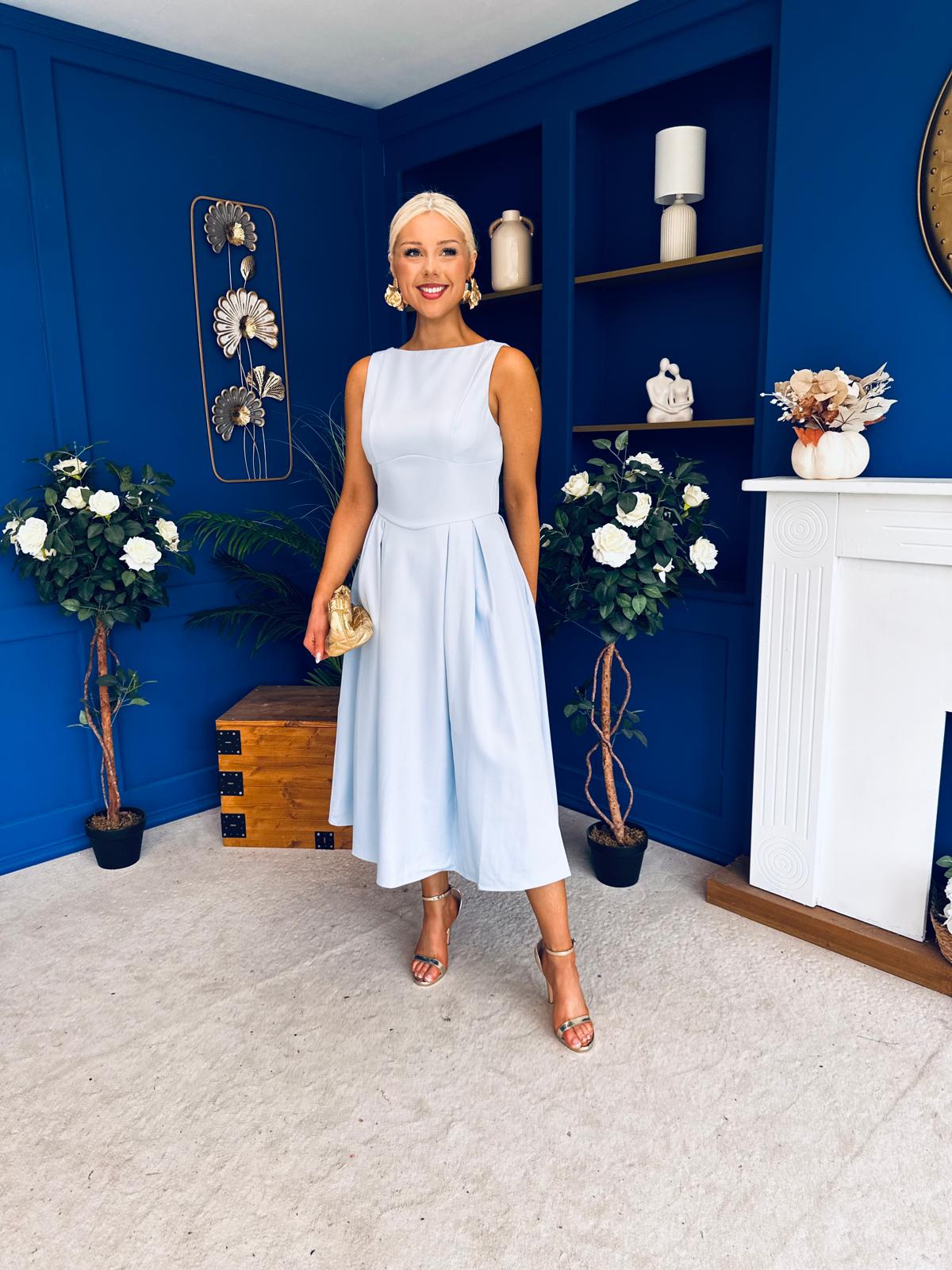 Nesta Boat Neck Skater Midi Dress Baby Blue
