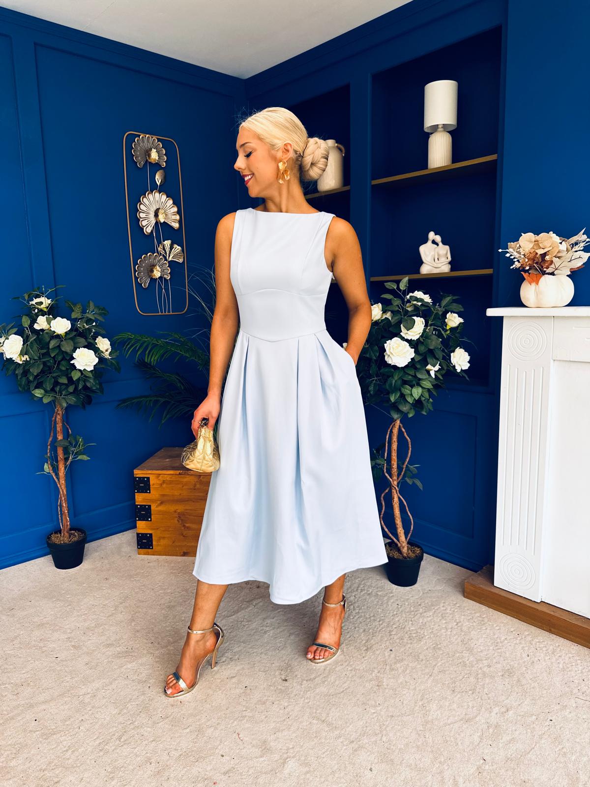 Nesta Boat Neck Skater Midi Dress Baby Blue