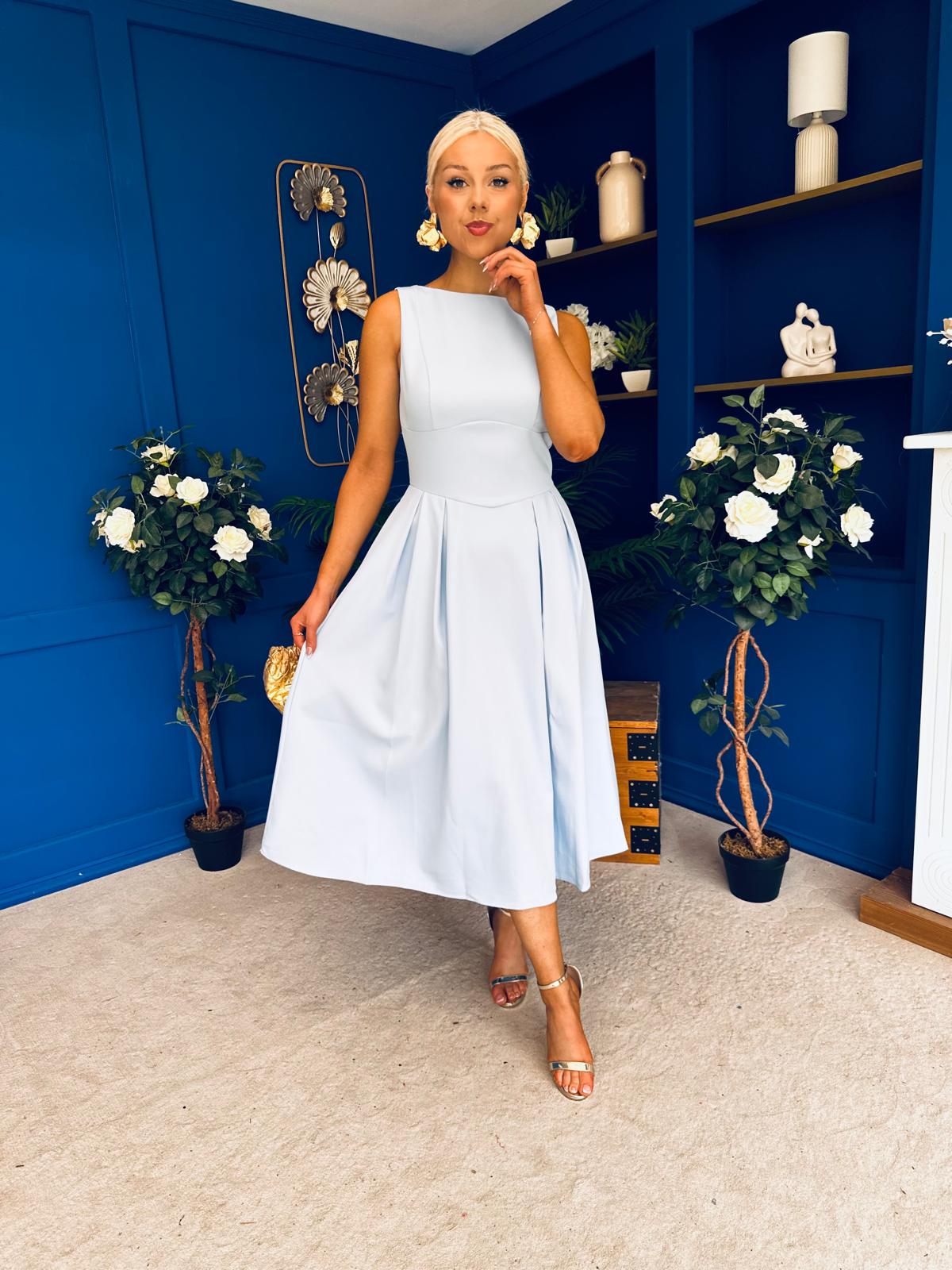 Nesta Boat Neck Skater Midi Dress Baby Blue