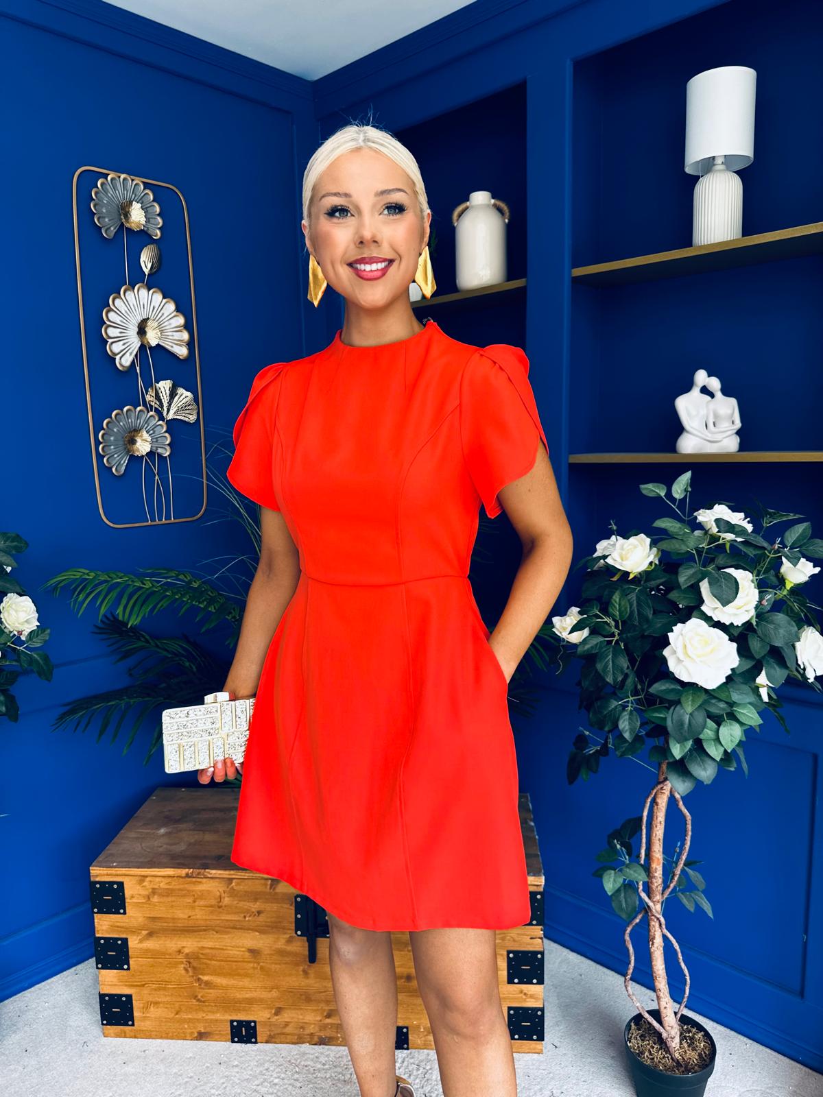 Ami Tulip Sleeve High Neck Mini Dress Coral