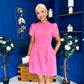 Ami Tulip Sleeve High Neck Mini Dress Cerise