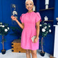 Ami Tulip Sleeve High Neck Mini Dress Cerise