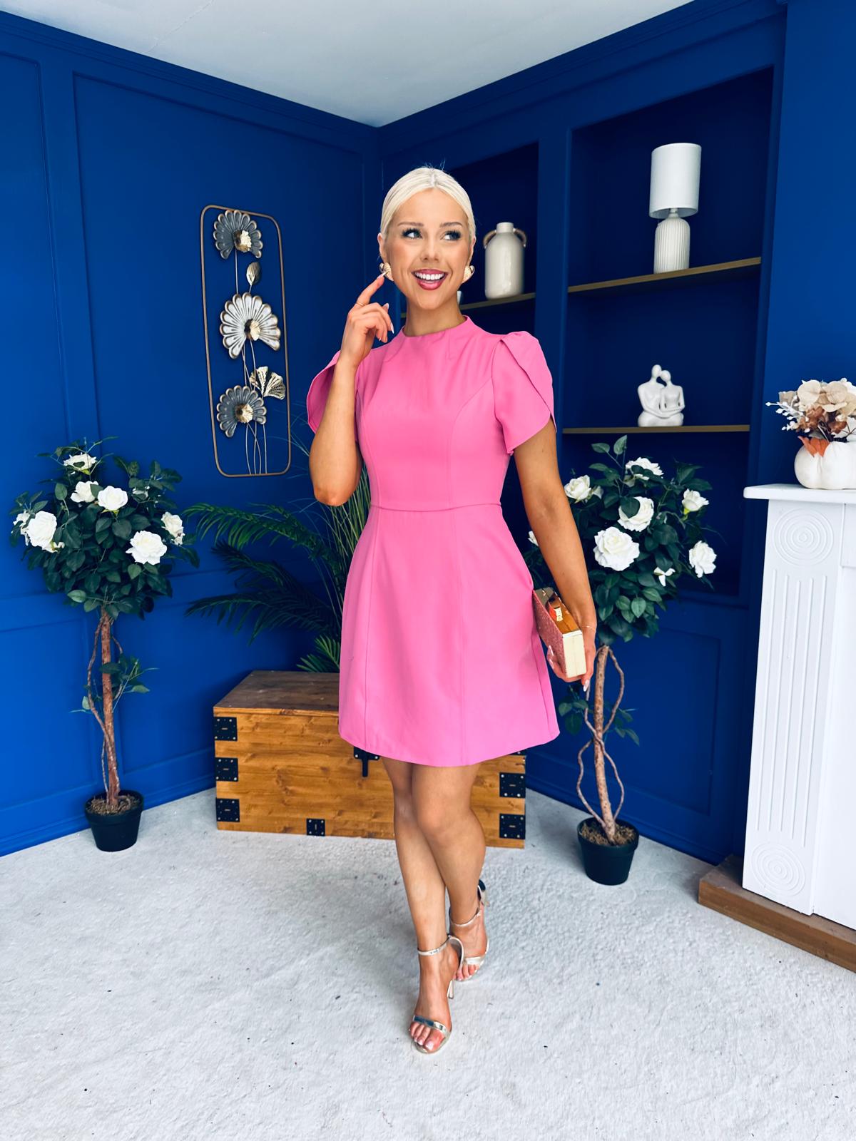 Ami Tulip Sleeve High Neck Mini Dress Cerise