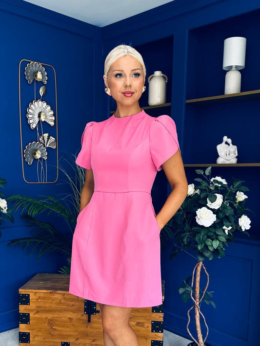 Ami Tulip Sleeve High Neck Mini Dress Cerise