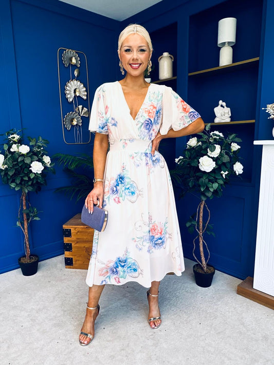 Caelan Banded Midi Dress Floral Cream