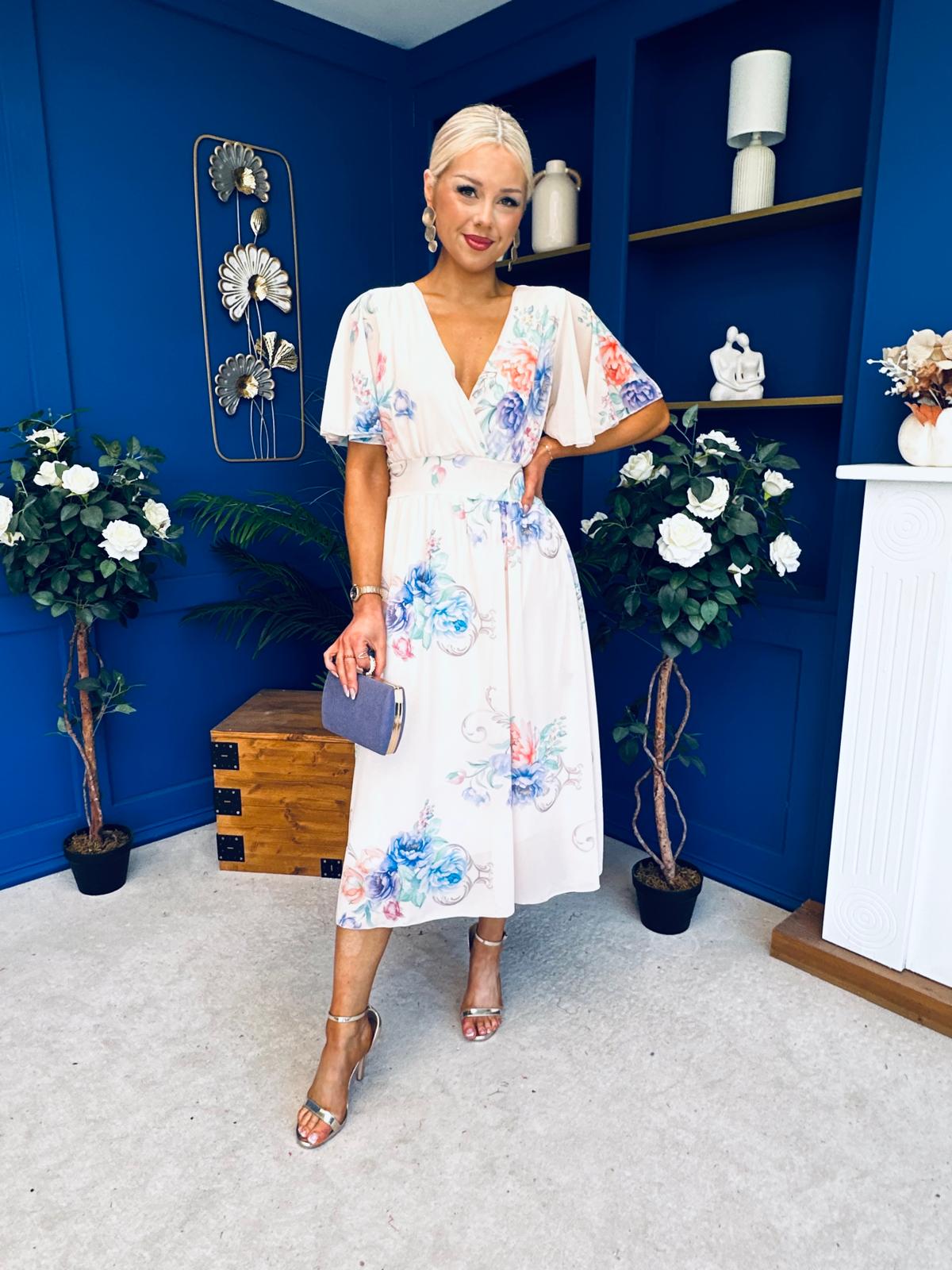 Caelan Banded Midi Dress Floral Cream