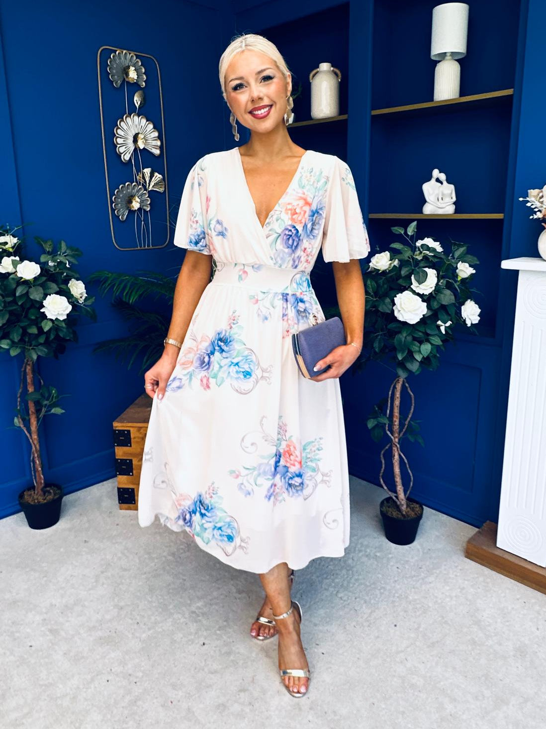 Caelan Banded Midi Dress Floral Cream