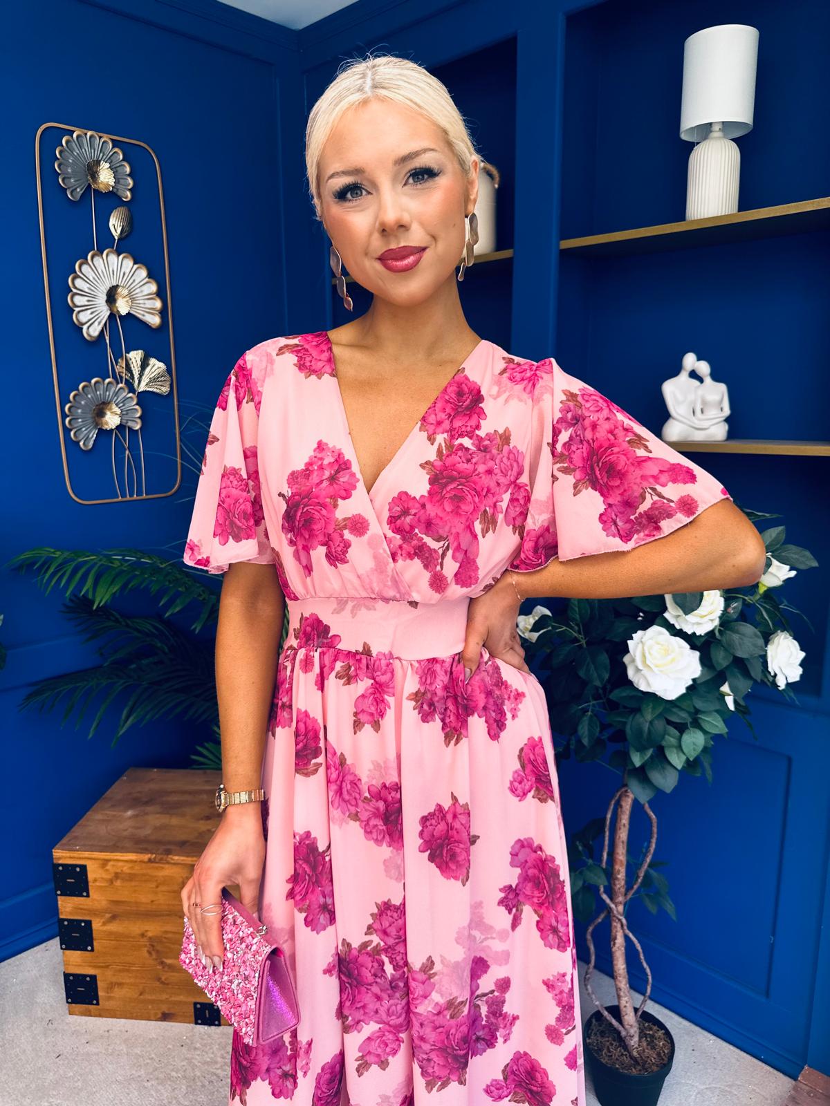 Caelan Banded Midi Dress Floral Pink