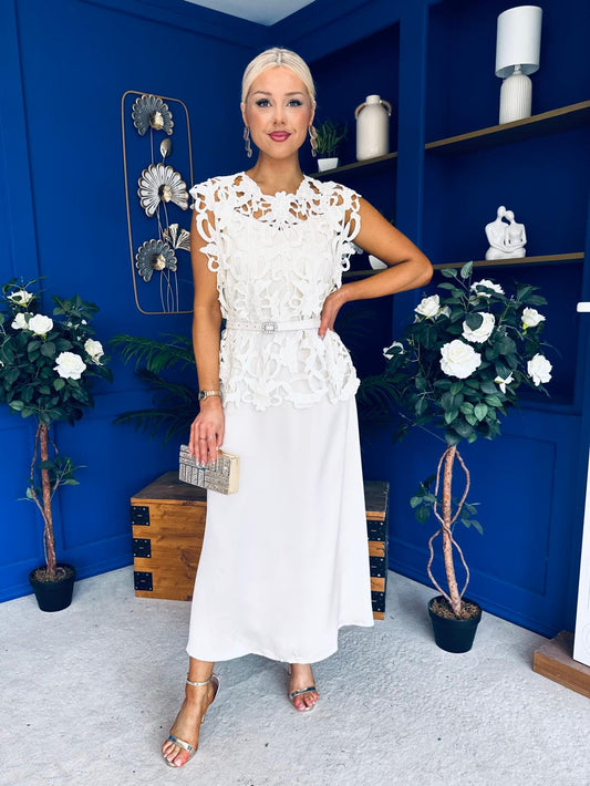 Ruth Crochet Top & Satin Dress Set Cream