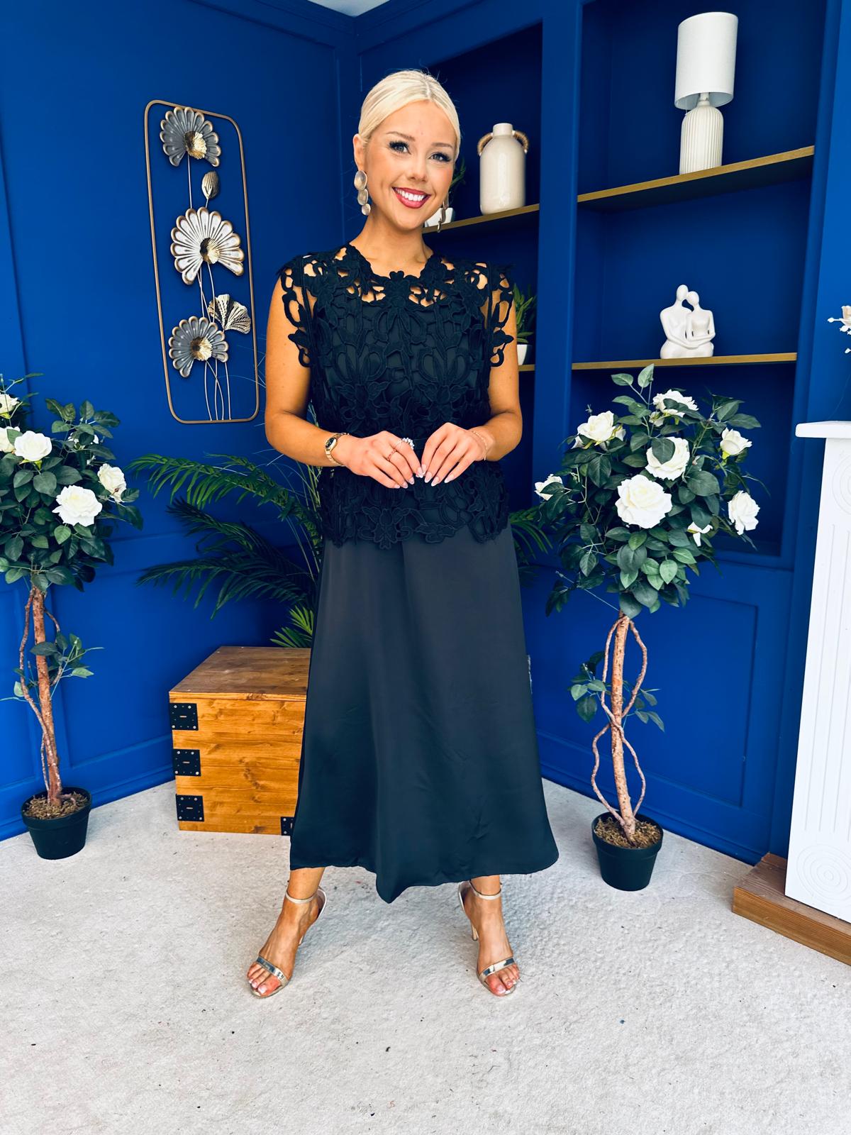 Ruth Crochet Top & Satin Dress Set Black