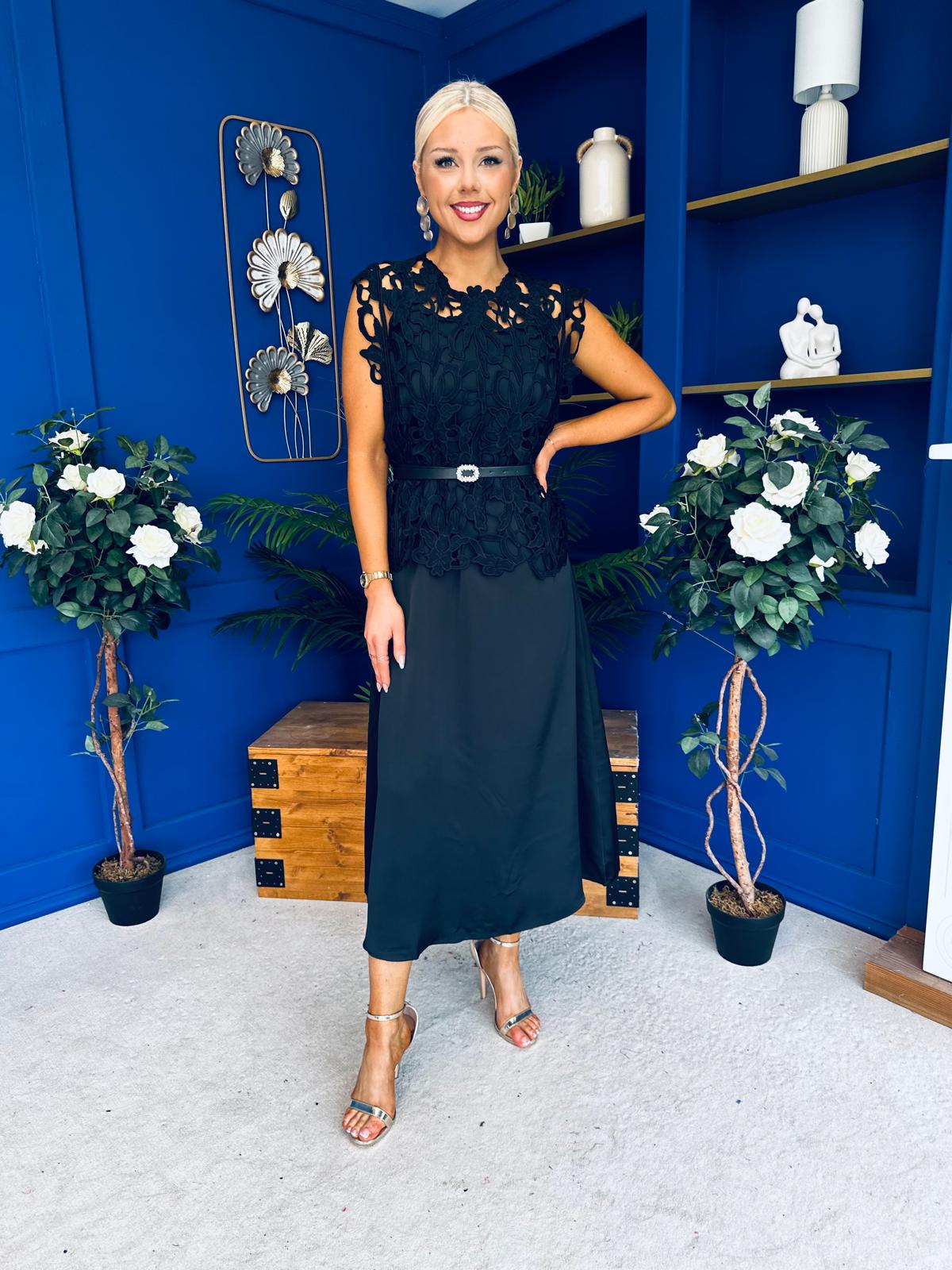 Ruth Crochet Top & Satin Dress Set Black