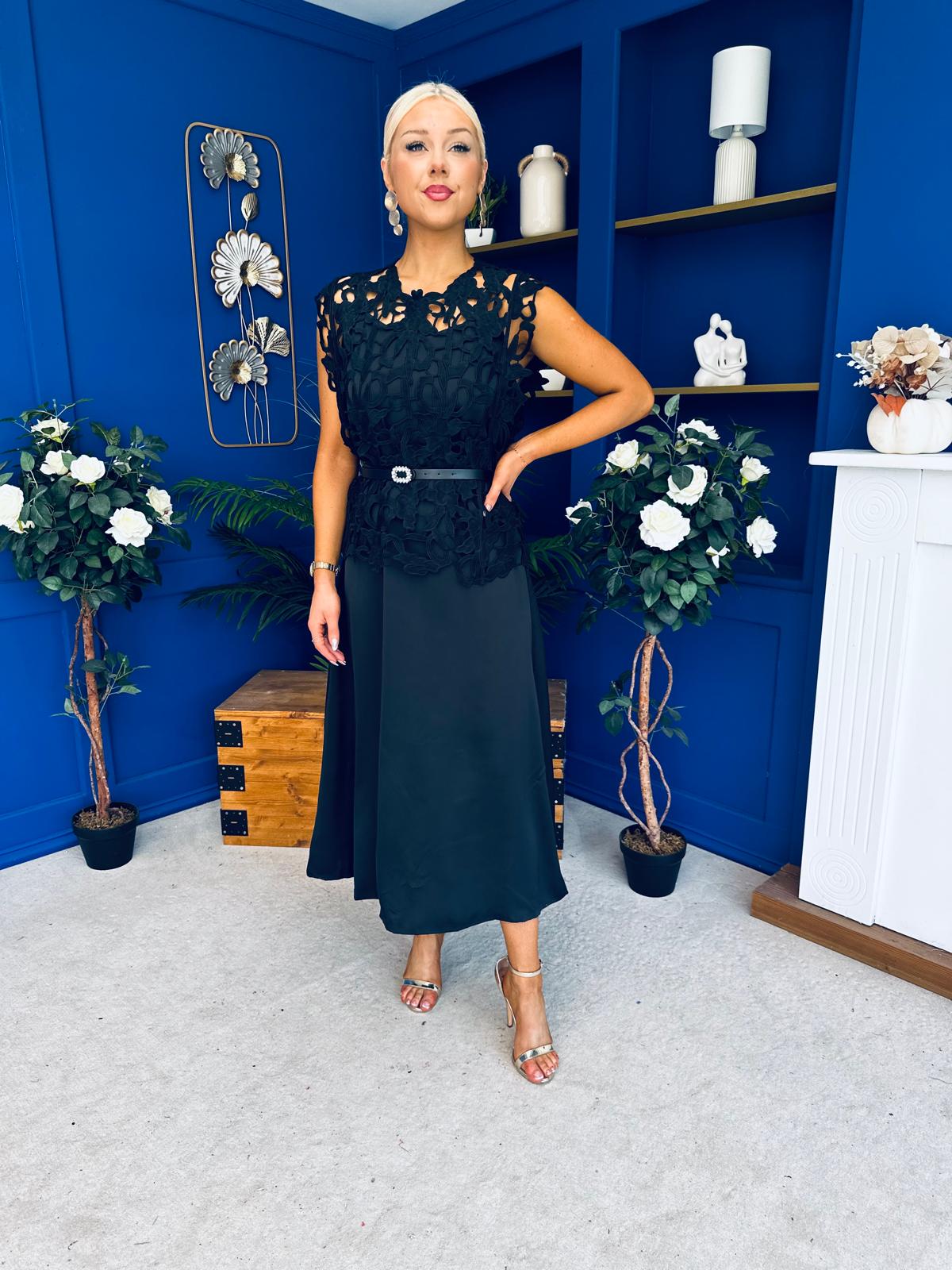 Ruth Crochet Top & Satin Dress Set Black
