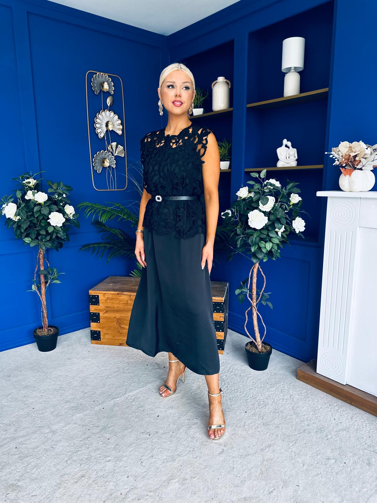 Ruth Crochet Top & Satin Dress Set Black