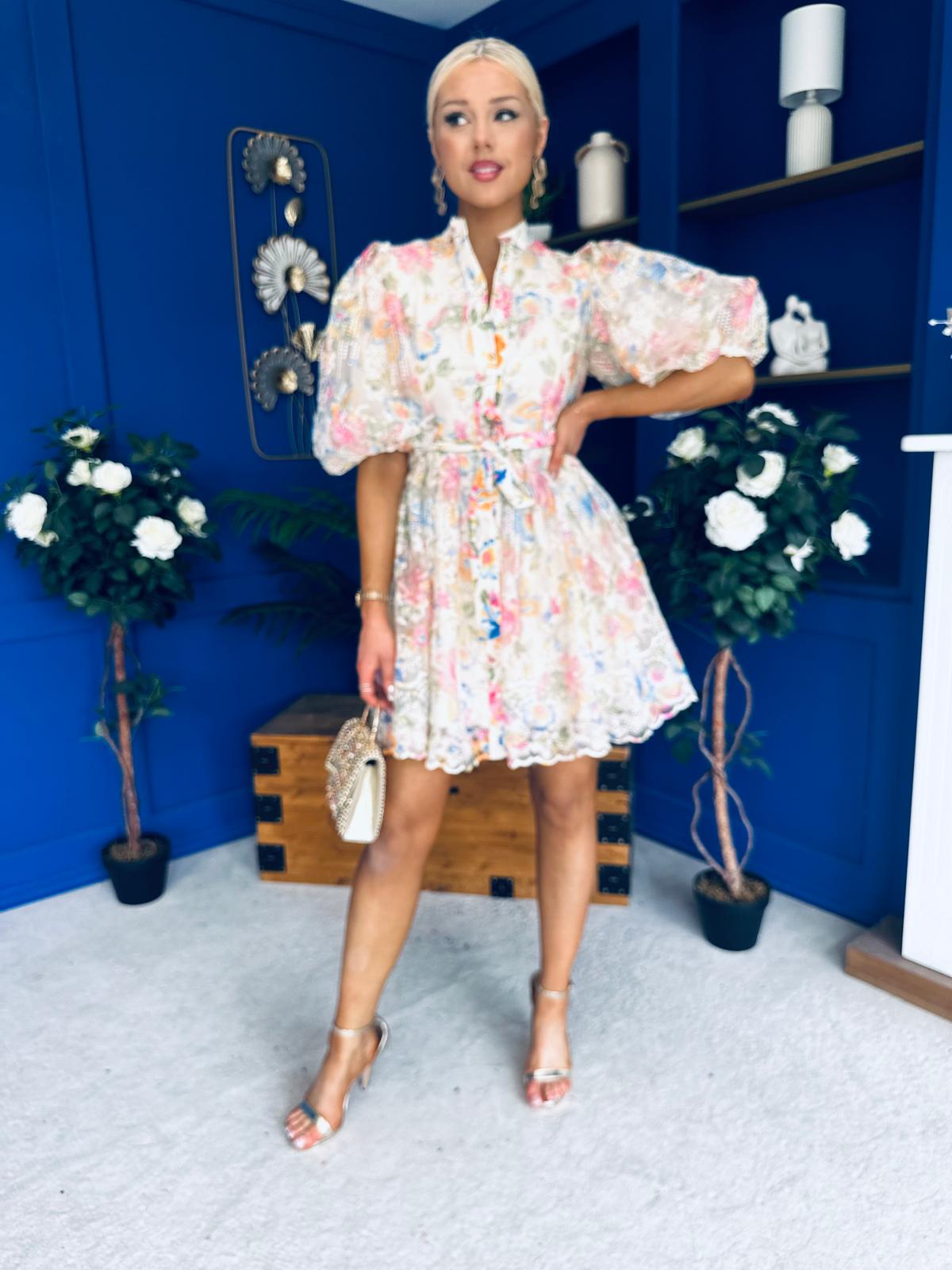 Tiana Puff Sleeve Lace Shirt Dress Floral Cream