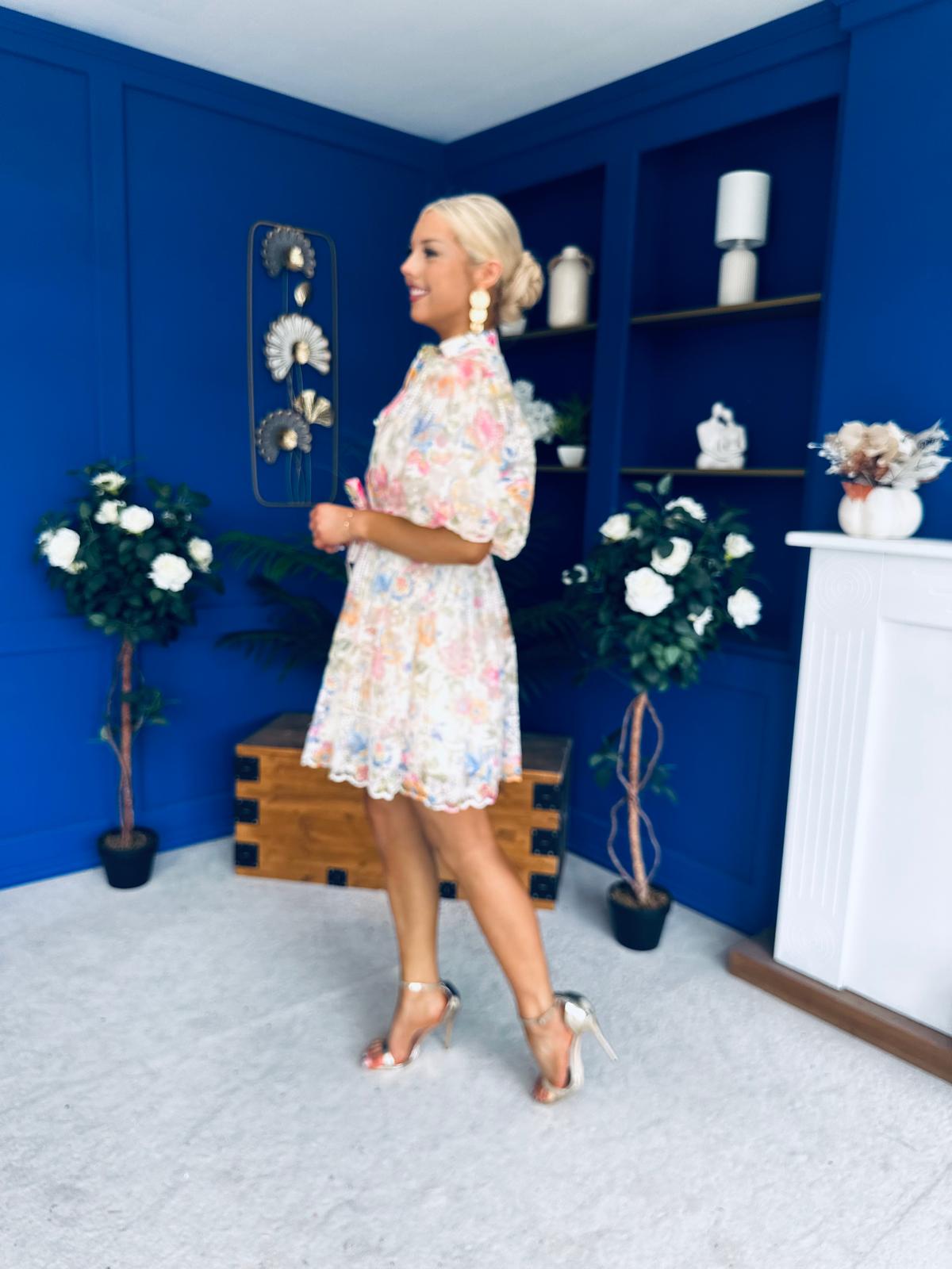 Tiana Puff Sleeve Lace Shirt Dress Floral Cream
