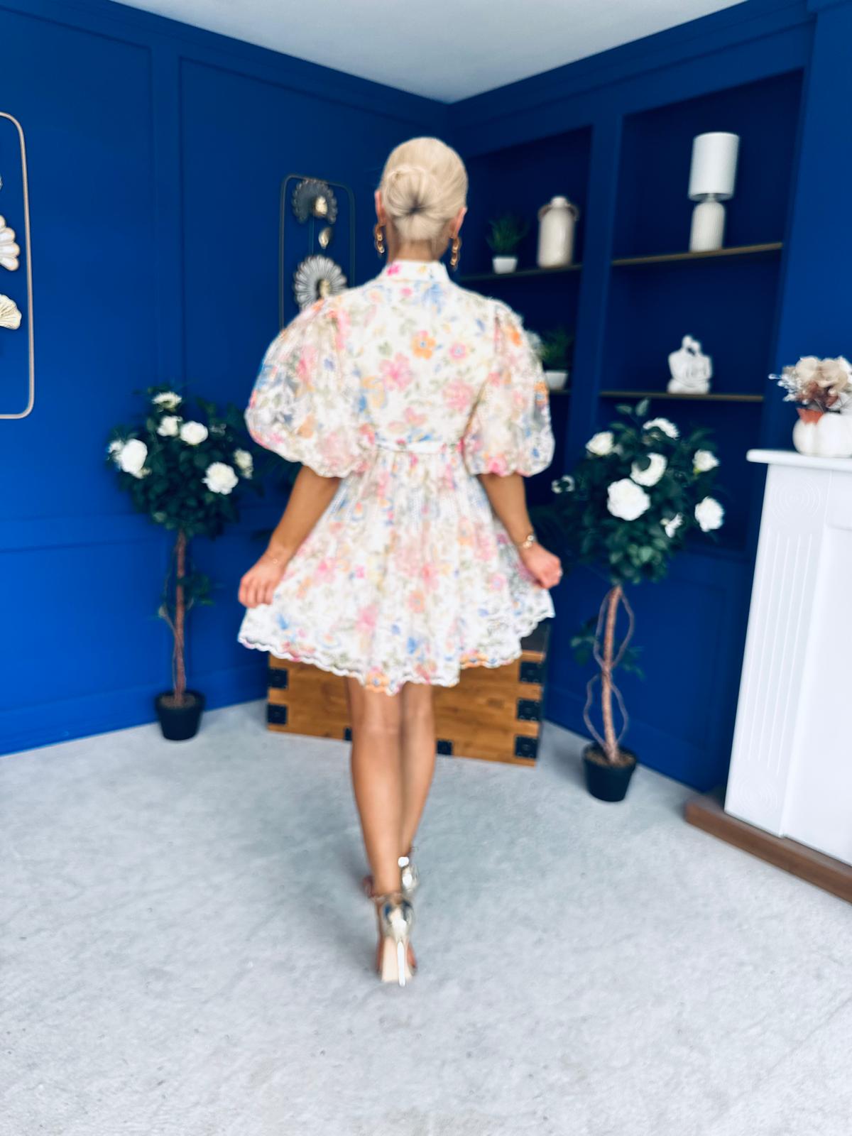 Tiana Puff Sleeve Lace Shirt Dress Floral Cream