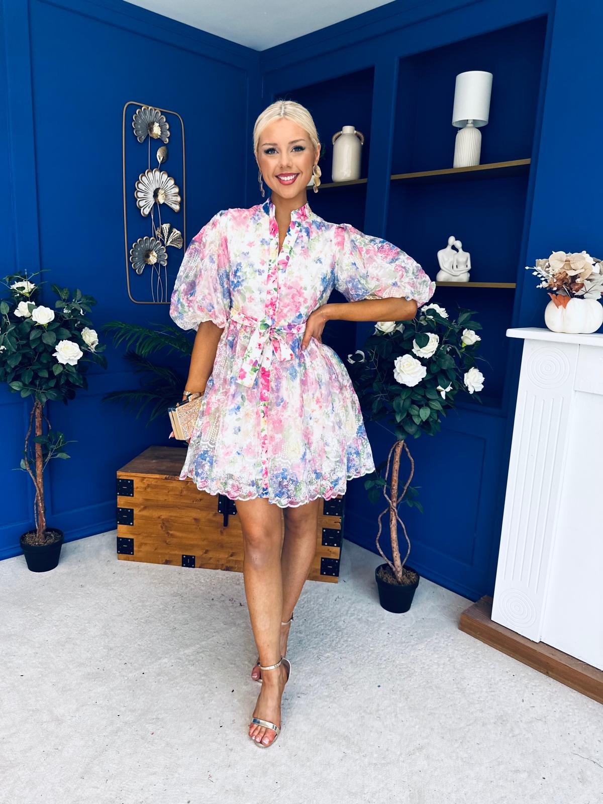 Tiana Puff Sleeve Lace Shirt Dress Floral White