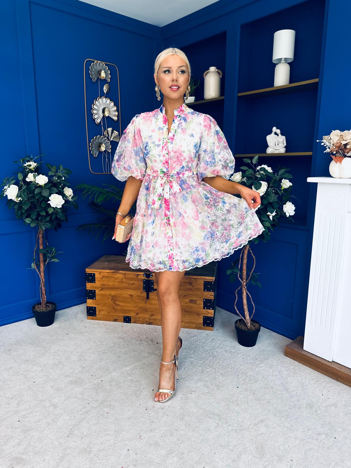 Tiana Puff Sleeve Lace Shirt Dress Floral White
