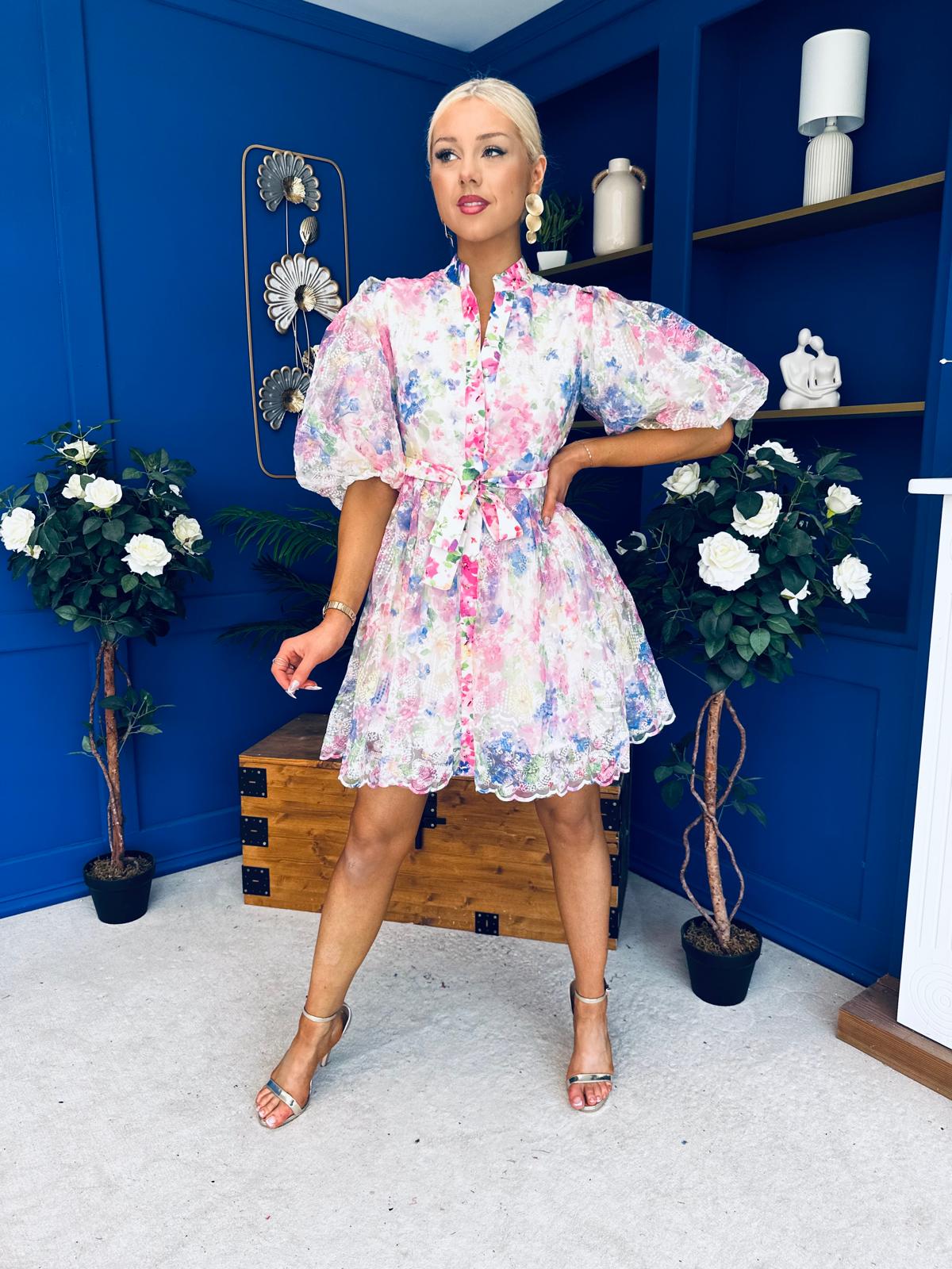 Tiana Puff Sleeve Lace Shirt Dress Floral White