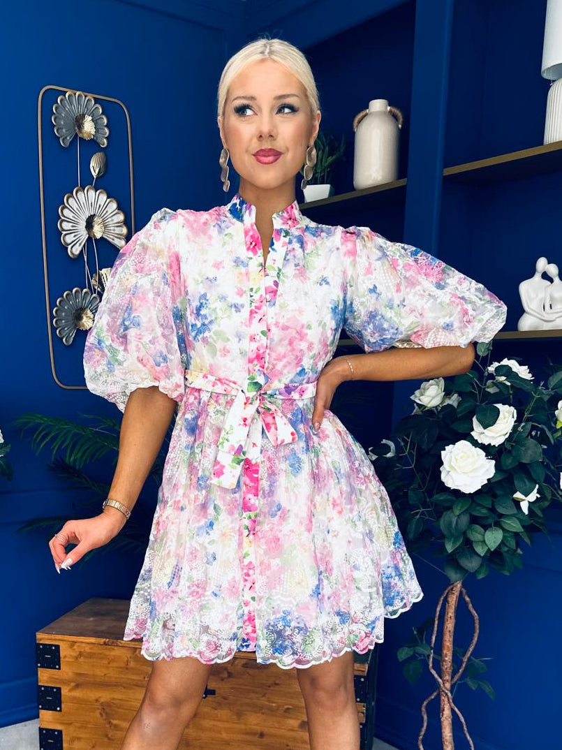 Tiana Puff Sleeve Lace Shirt Dress Floral White