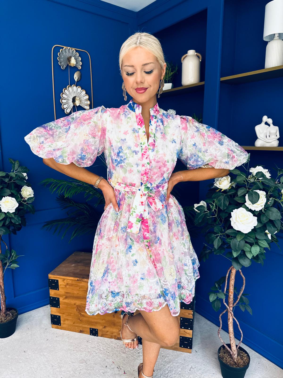 Tiana Puff Sleeve Lace Shirt Dress Floral White