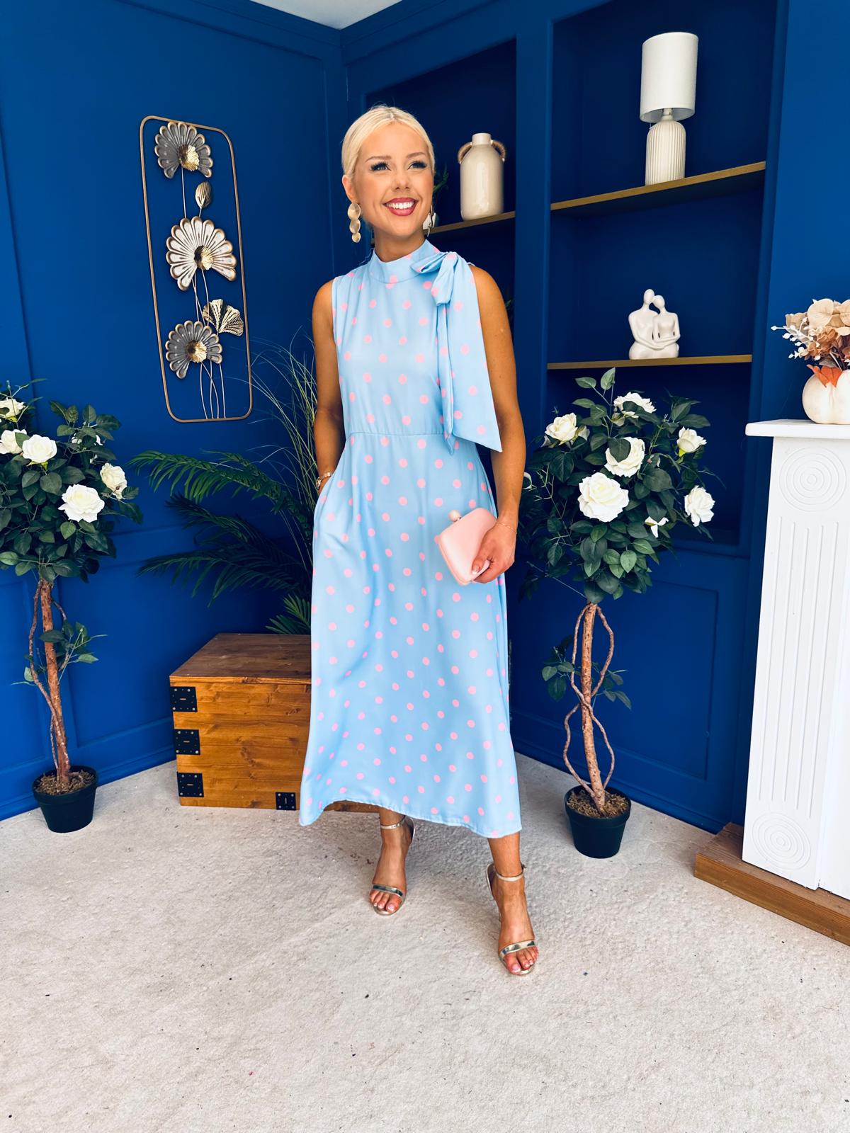 Rita High Neck Bow Detail Midi Dress Polka Blue