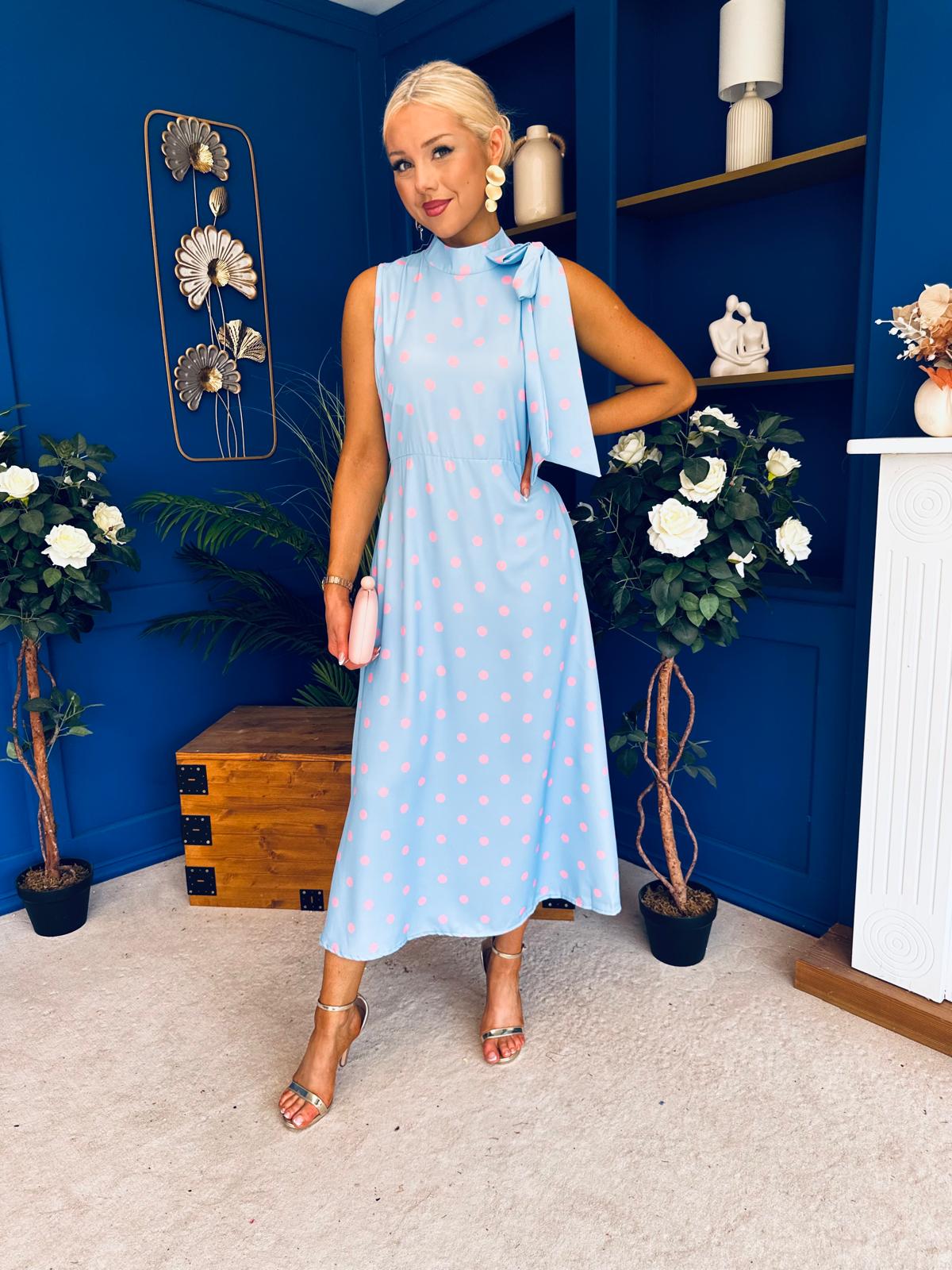 Rita High Neck Bow Detail Midi Dress Polka Blue