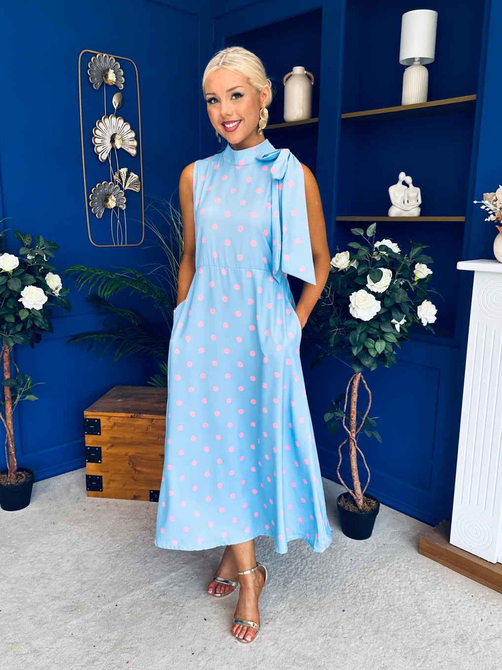 Rita High Neck Bow Detail Midi Dress Polka Blue