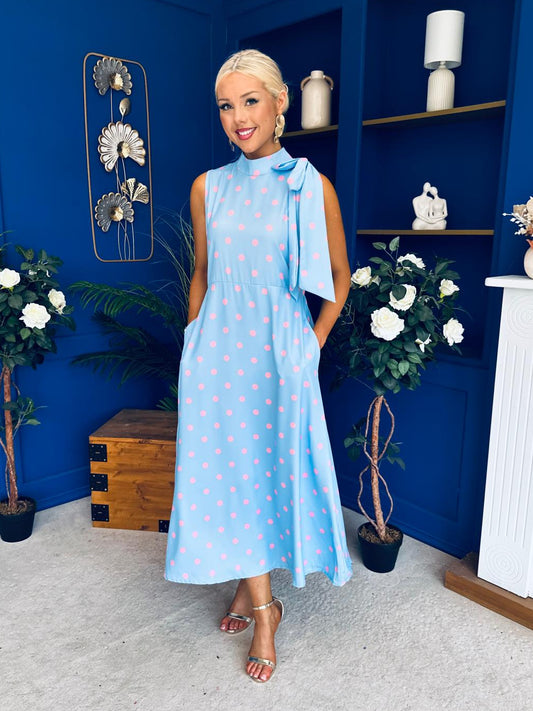 Rita High Neck Bow Detail Midi Dress Polka Blue