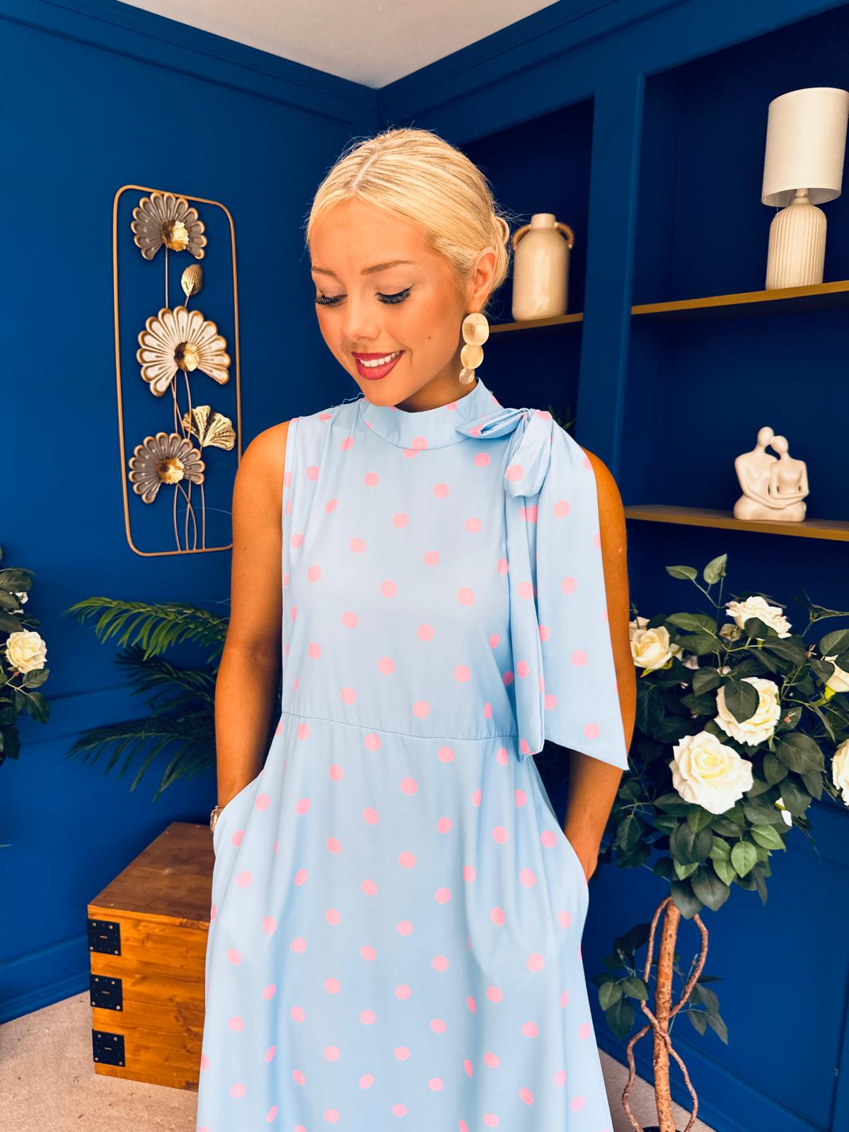 Rita High Neck Bow Detail Midi Dress Polka Blue