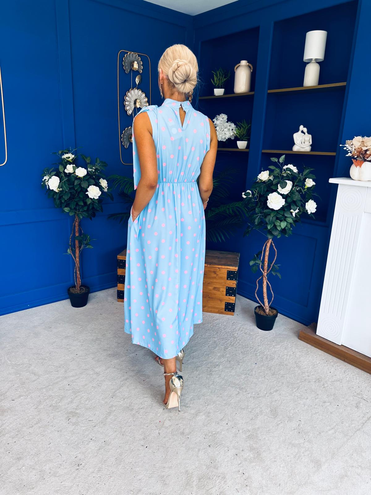 Rita High Neck Bow Detail Midi Dress Polka Blue