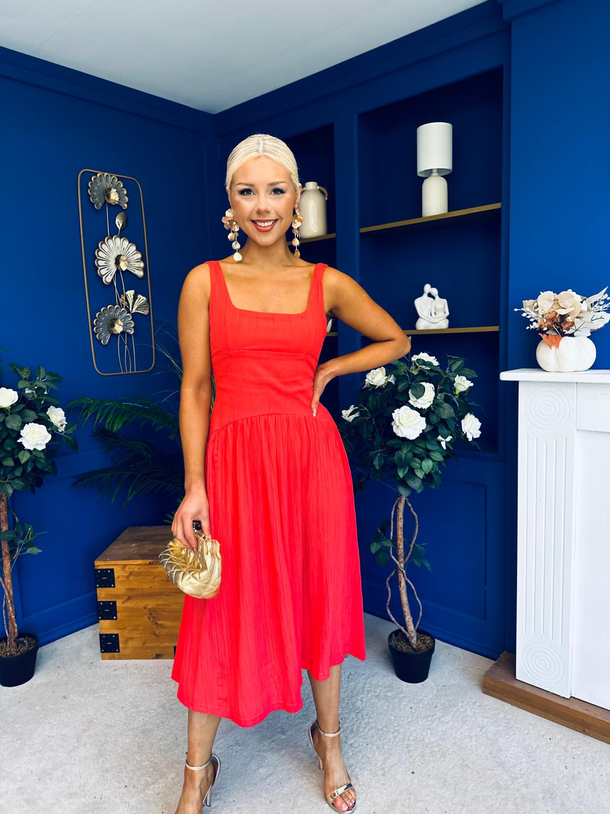 Wren Square Neck Midi Dress Coral