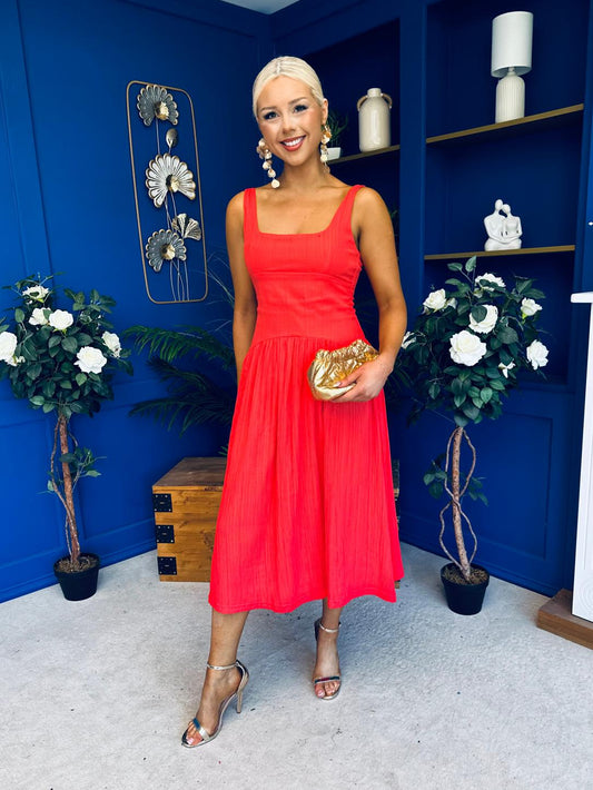 Wren Square Neck Midi Dress Coral