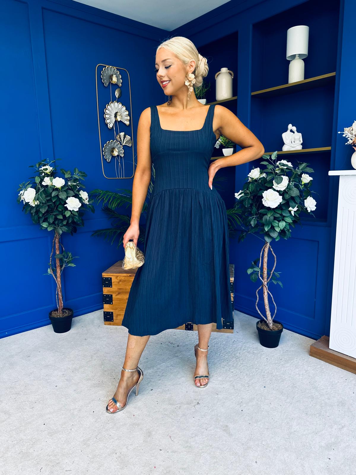 Wren Square Neck Midi Dress Navy
