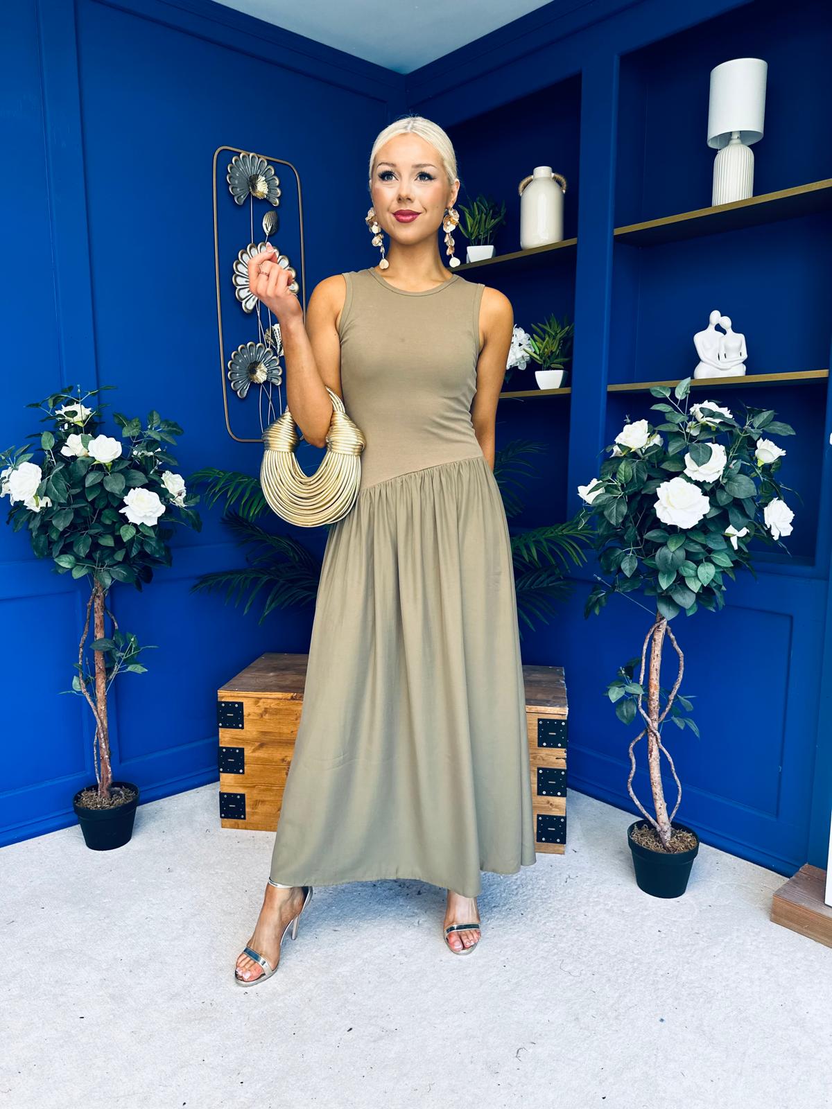 tobi midi dress Tobi Sleeveless Detailed Midi Dress Khaki