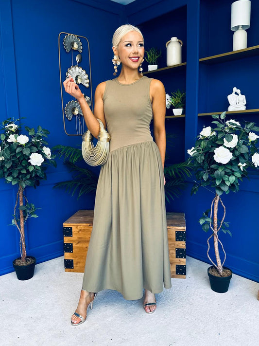 Tobi Sleeveless Detailed Midi Dress Khaki
