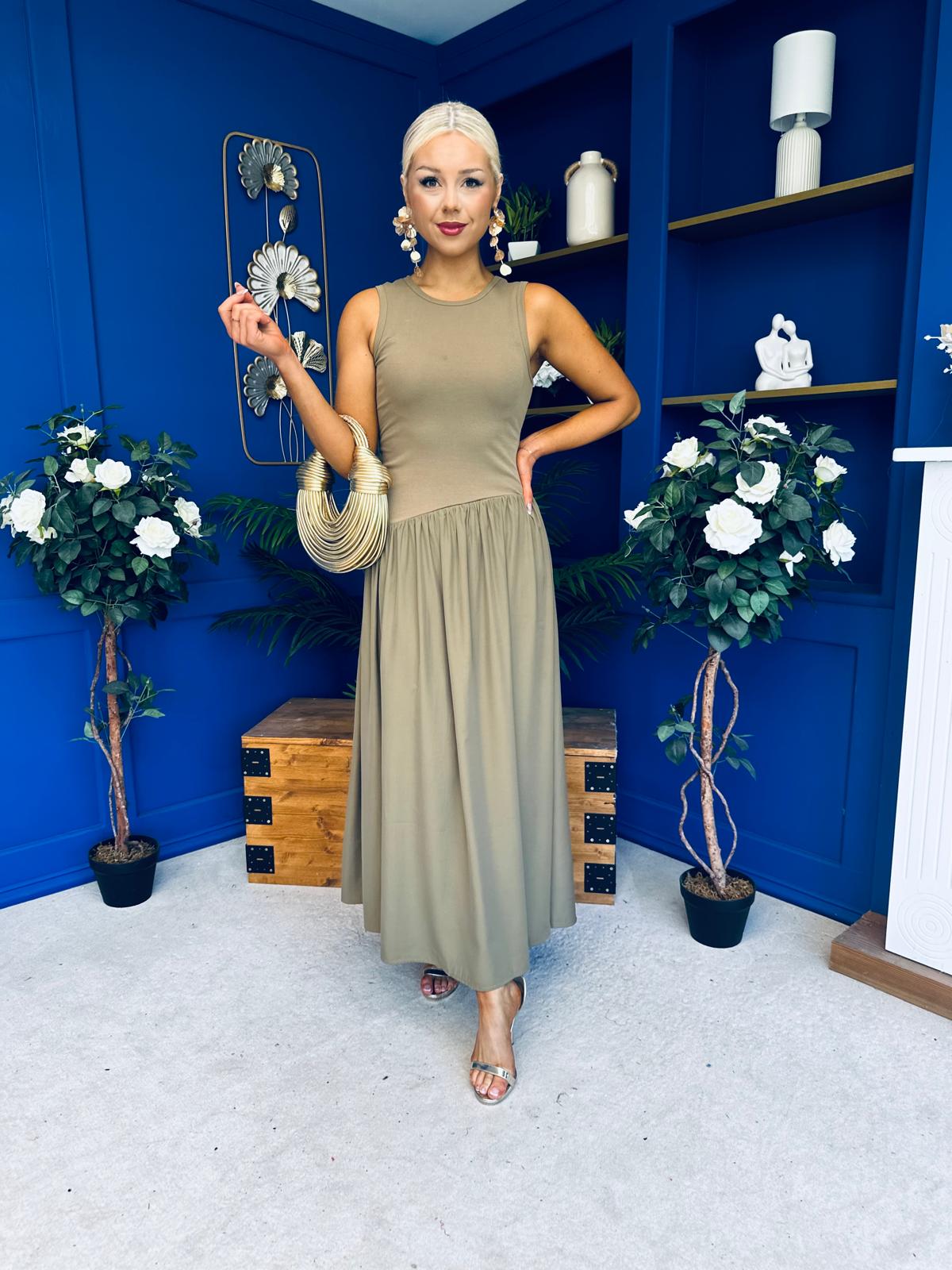 Tobi Sleeveless Detailed Midi Dress Khaki