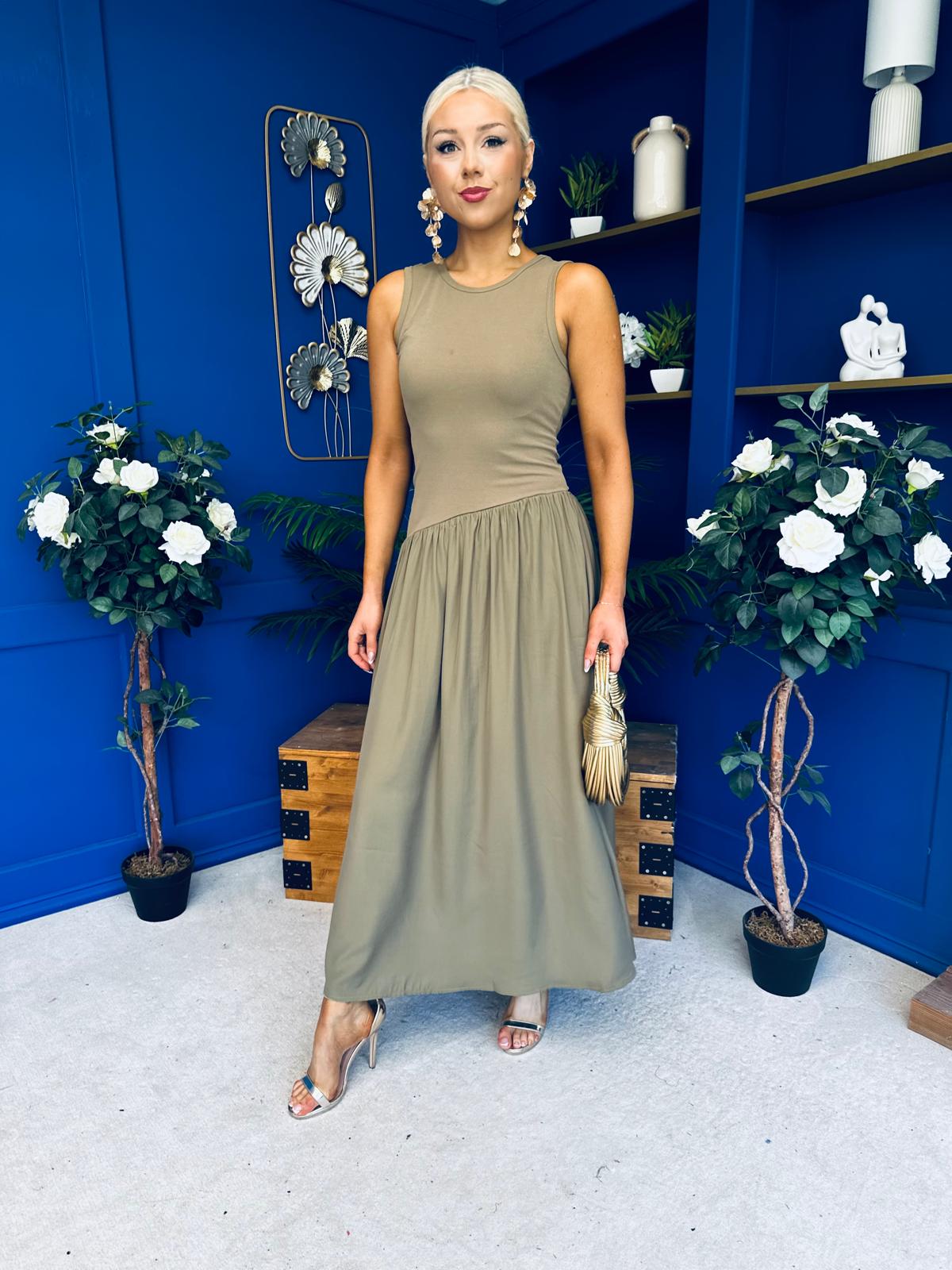 Tobi Sleeveless Detailed Midi Dress Khaki
